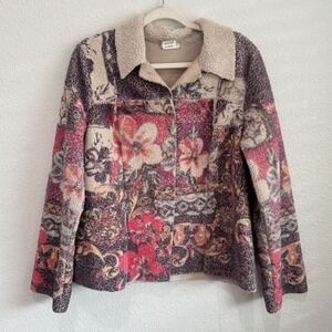 VTG DB Sport Floral‎ Patchwork Fleece Lined Collar Jacket Size L Boho Hippie